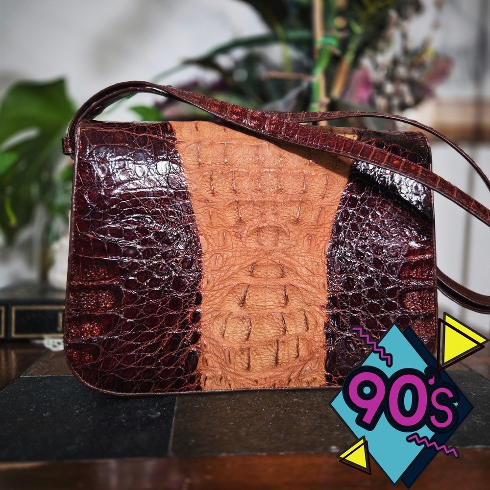 Vintage‎ 90s River Genuine Alligator Skin Handbag Brown Two-Tone Shoulder Bag